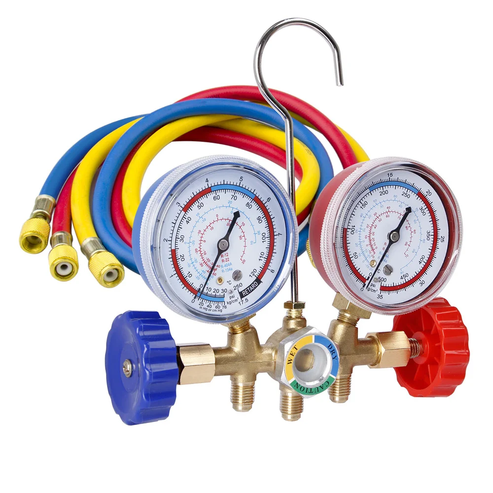 

Air Conditioning Pressure Gauge with Hose and Hook 3 Way AC Diagnostic Manifold Gauge Set for Freon For R12 R22 R404A R134a