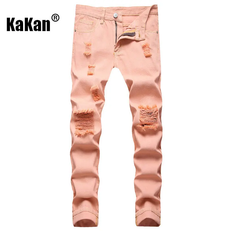 Kakan - European and American New Nostalgic Stir Fried Punctured Straight Leg Jeans Men's Wear, Casual Mid Waist Long Jeans 9237