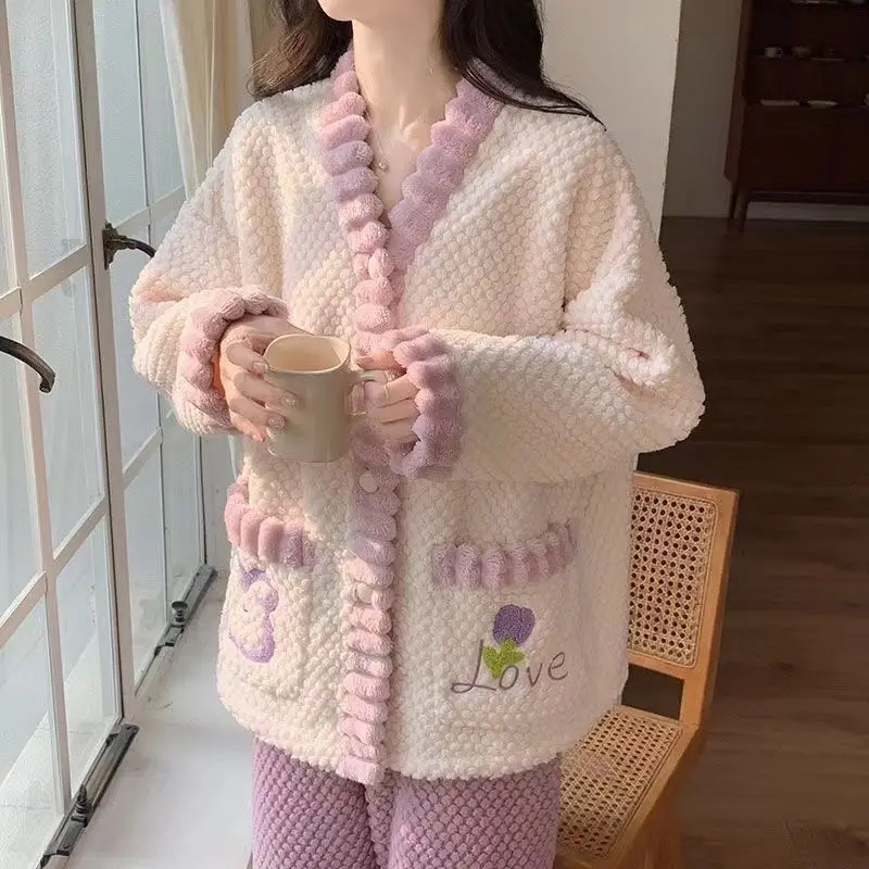 Новая коралловая бархатная пижама женский комплект сладкий ветер зима с