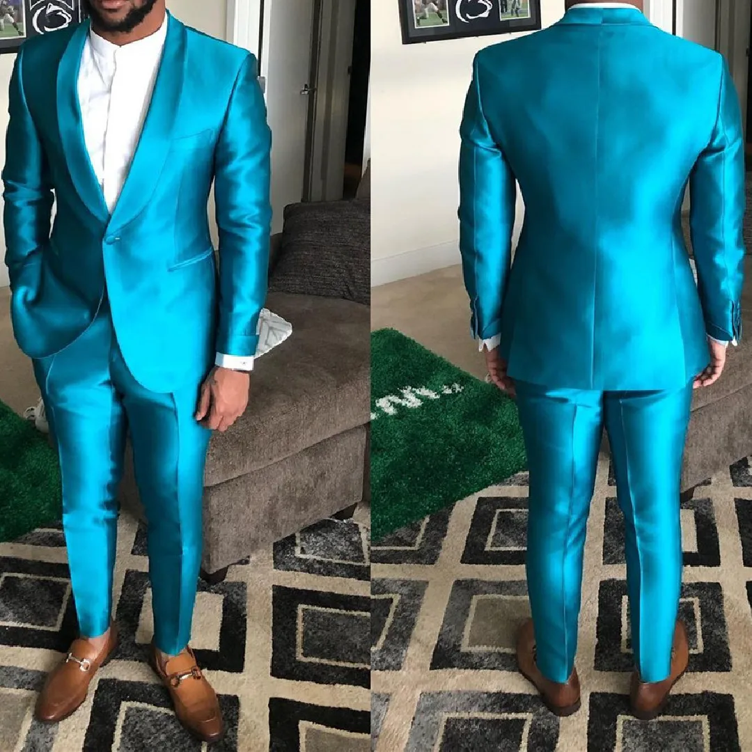 

New Designs 2022 Custom Made Men Suits Terno Slim Fit Shawl Lapel Blue Satin Prom Tuxedos Wedding Groomsman Blazer Pants Set