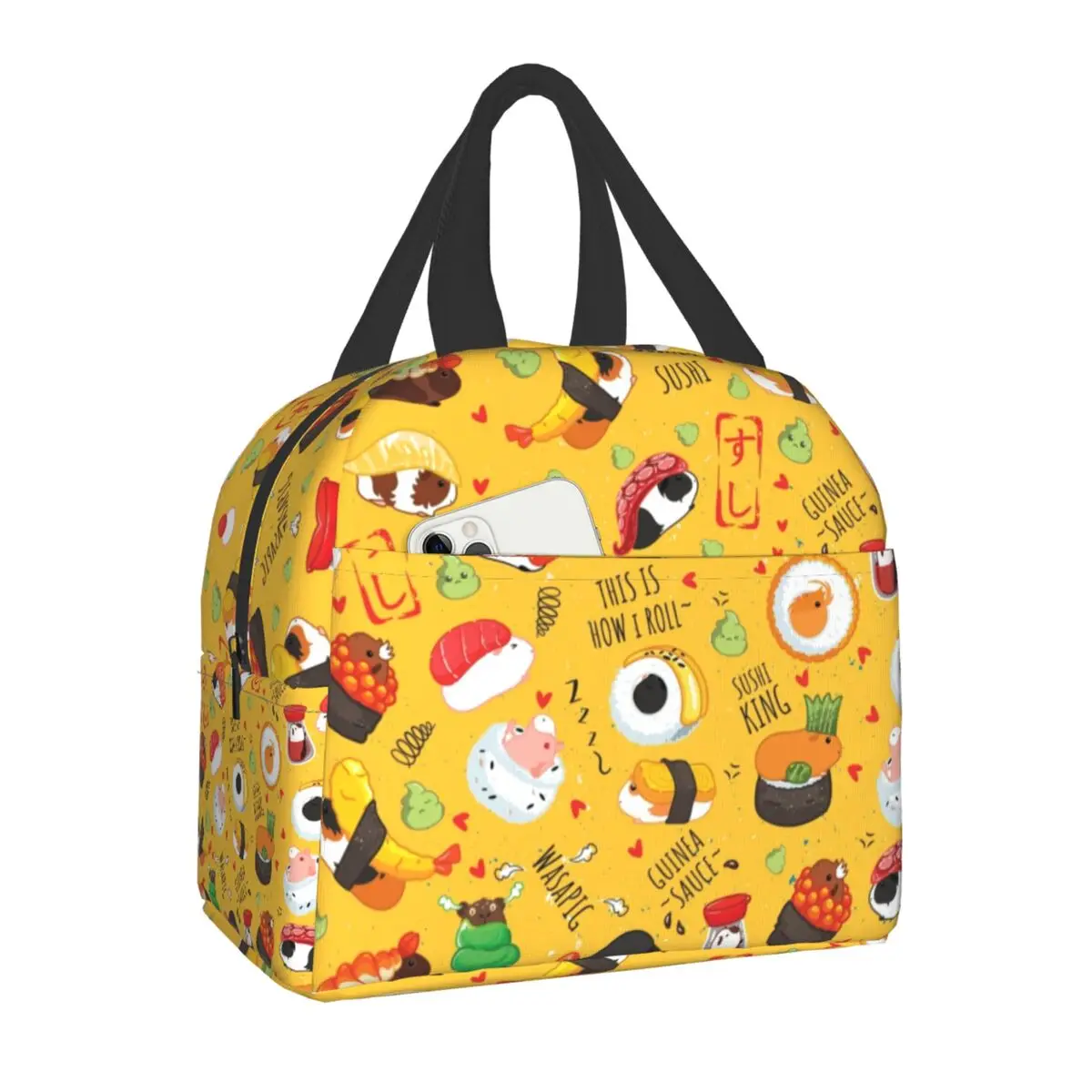 

Cartoon Japanese Guinea Pig Sushi Food Insulated Lunch Bag for Camping Travel Waterproof Thermal Cooler Lunch Box Women Kids