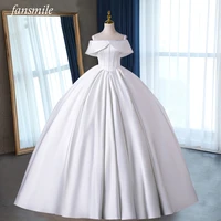 fansmile new off the shoulder vintage satin wedding dress 2022 plus size customized elegant satin bridal ball gowns fsm 215f