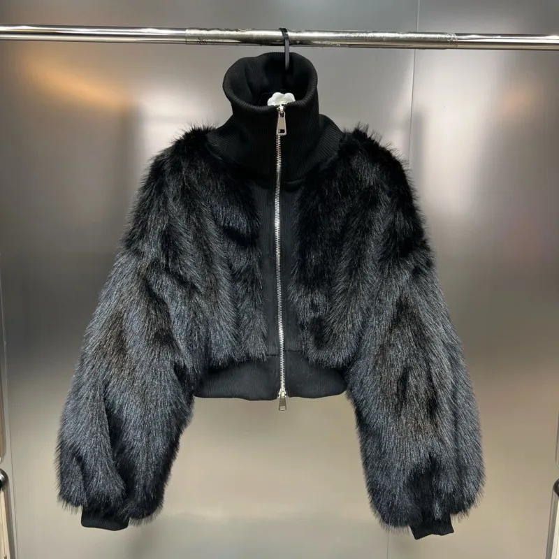 

BORVEMAYS Women Black Fur Coat 2023 Winter New Zipper Long Sleeve Solid Color Thickening Cotton Jacket Fashion Trend WX284