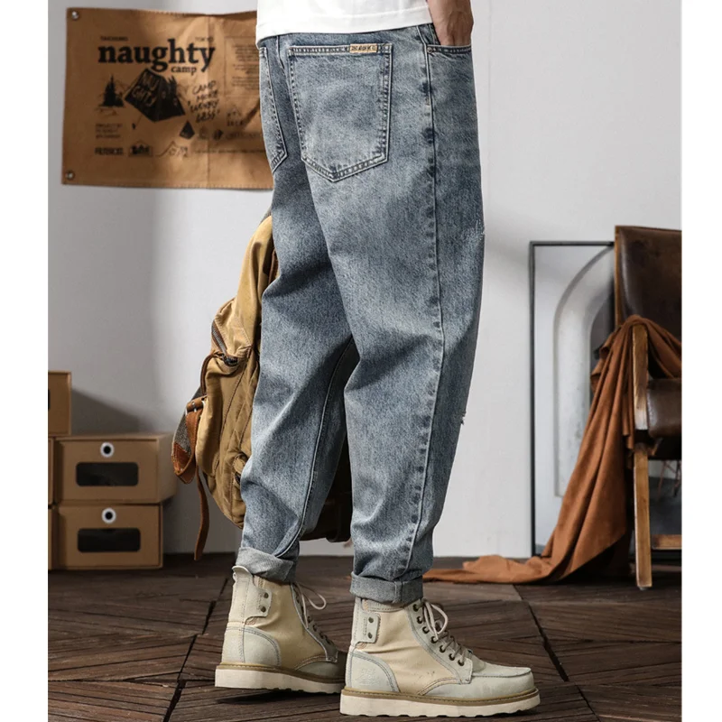 Men Clothing Autumn and Winter New Straight Loose Versatile Cylinder Jeans Vintage Comfortable Blue Ripped Harun Trousers Female