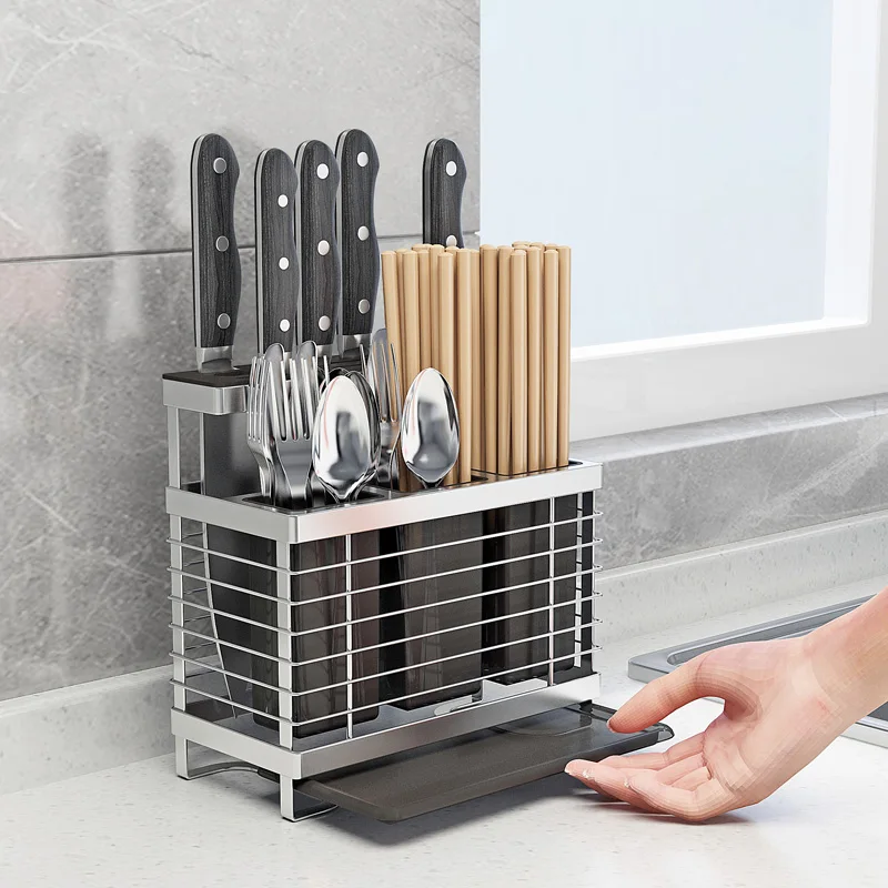 

304 Stainless Steel Stand and Wall Mounted 2 in 1 Kitchen Storage Rack Knife Holder Cutlery Box Organizer Container Accessories