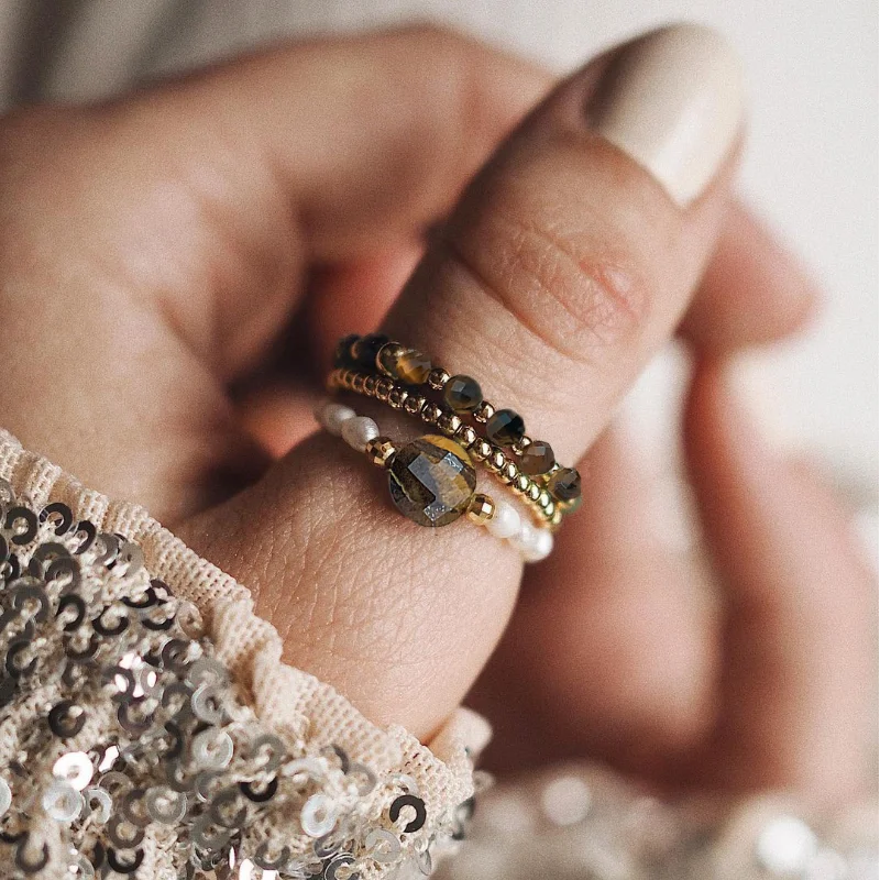 

Yellow Tiger eye Natural Stone Rings For Women with Stainless Steel Bead Freshwater Pearl Healing Ring Set Bohemian Party Gifts