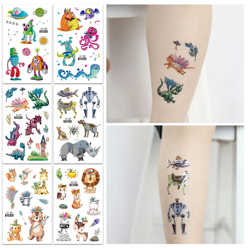 VeeCharm-Детские временные тату-наклейки серебряные сверкающие Мультяшные