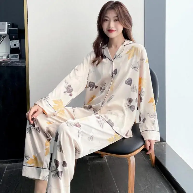 

Rayon Pajamas Suit Print Floral Female 2PCS Shirt&Pants Nightwear Lounge Home Clothes Sleepwear Intimate Lingerie Homewear