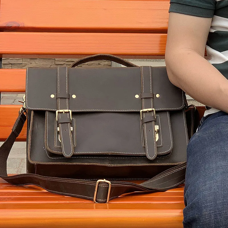 Vintage crazy horse cowhide men's briefcase business travel natural genuine leather designer office work laptop messenger bag