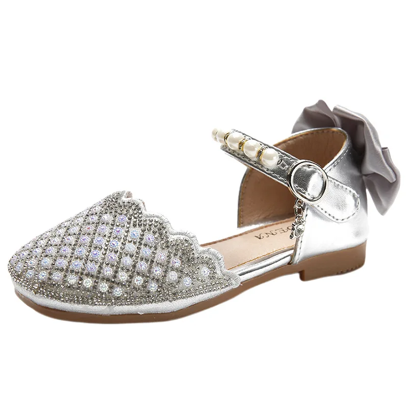 

Girls Crystal Shoes 2022 New Kids Fashion Soft Summer Chic Summer PU Princess Sandals Low Heels for Party Wedding Shows Back Bow