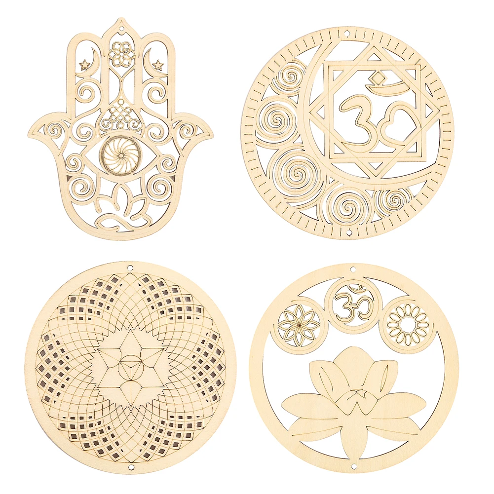 

4PC/set Buddhist Lotus Flower of Life Fatima Hand Hamsa All-seeing Eye Wood Pendant Charm Meditation Dangle Mascot Hanging Decor