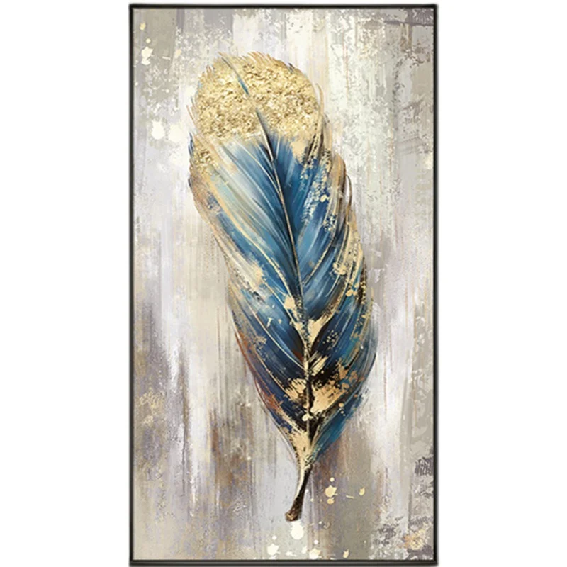 

Hand-painted, texture, gold leaf oil painting, Nordic style, feathers, living room mural, blue simple abstract three-dimensional