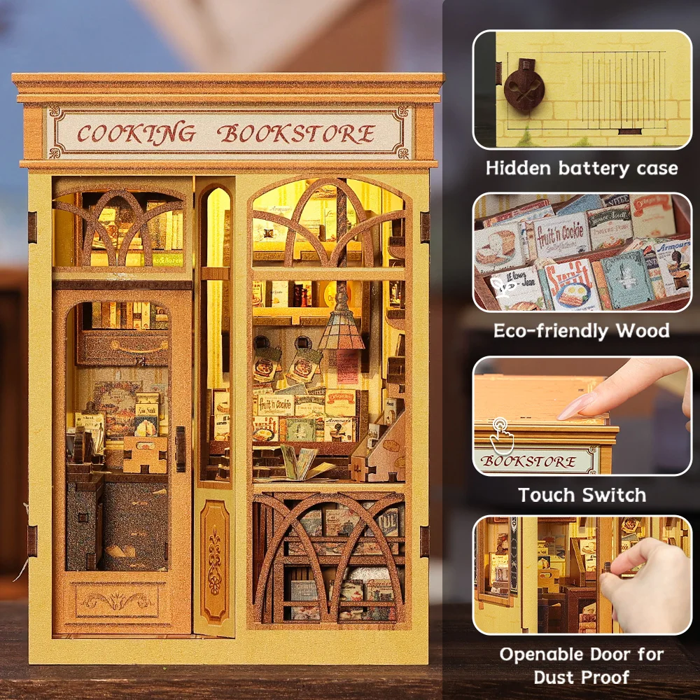 Фото CUTEBEE Book Nook Kit DIY Кукольный домик со светодиодной подсветкой Книжная полка Вставка Кулинарный книжный магазин Модель Коллекция для подарков на день рождения для детей №3