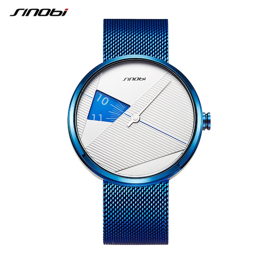 

Relojes Hombre SINOBI Creative Design Mens Blue Strap Watches Fashion Stainless Steel Man Quartz Wristwatches Rotate Dial Clock