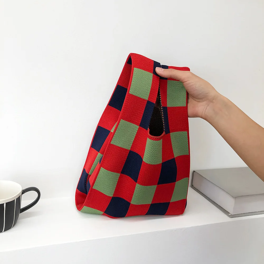 Модная женская вязаная клетчатая сумка-тоут через плечо ретро плетеные