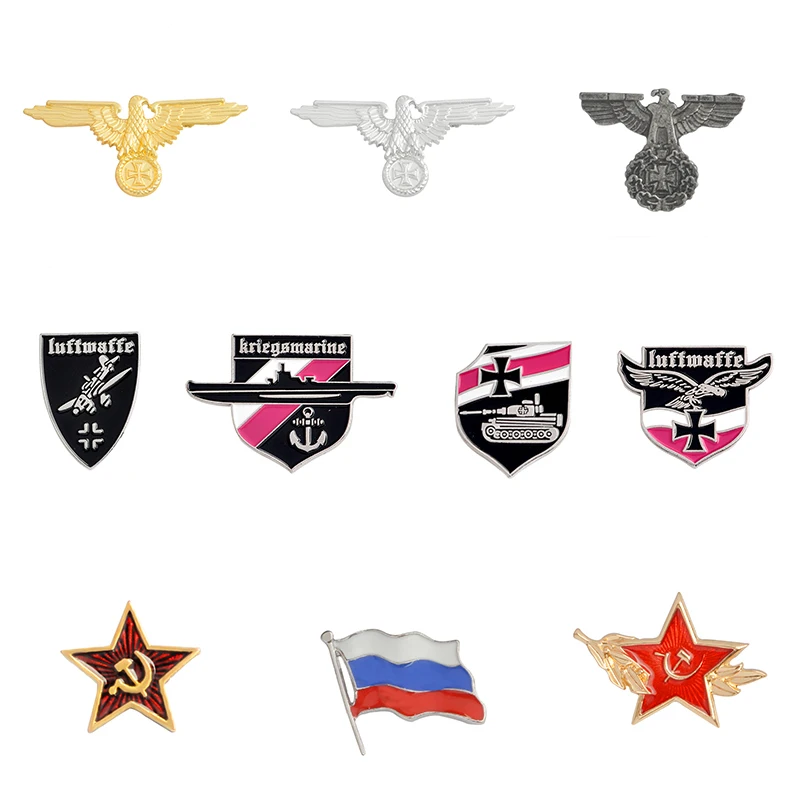 

10 PCS / LOT Cold War Enamel Pins Russian Flag German Tank Bombing Plane Battleship Eagle Badge Brooches Lapel pin Gift Milit