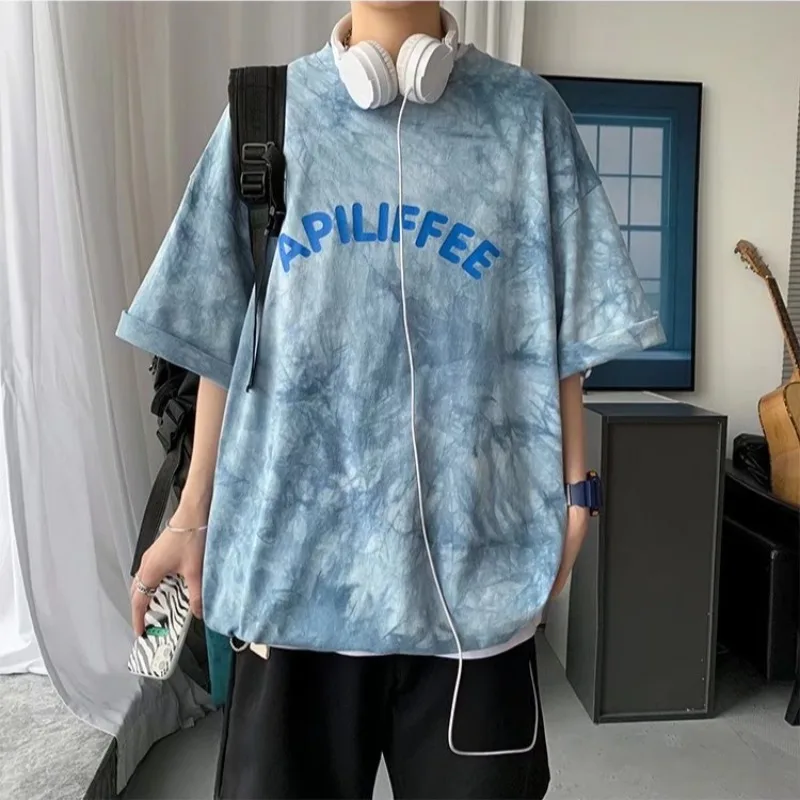 

Short Sleeve T-shirts Men Letter Embroidery Tie-Dye Hot Sale Hip Hop Loose Korean Style All-match Students Simple Chic O-neck