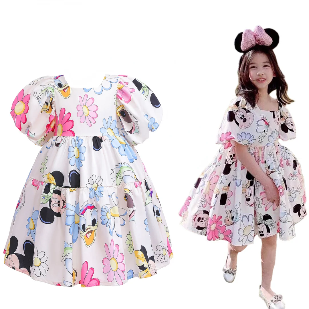 

2023 Girl Dress Kids Toddler Mickey Minnie Mouse Daisy Cartoon Puff Sleeve Clothes Backless Cute Frozen Elsa Princess Dresses