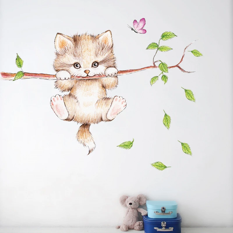 Kitten on Tree Branch Wall Stickers Home Living Room Decorations DIY Cartoon Cat Decor Mural Kids PVC Furniture Sticker | Дом и сад