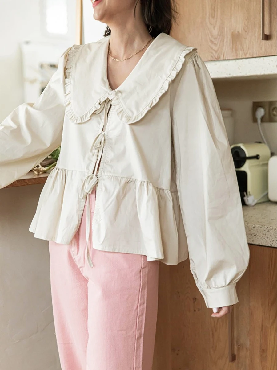 HzDazrl Y2k женская рубашка с баской длинным рукавом Однотонная кукольный воротник