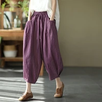 cotton summer pants retro imitation linen womens pants elastic waist thin loose bloomers solid color carrot pants