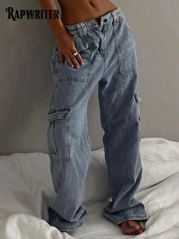 

Rapwriter Denim Cargo Pants Women 90s Jeans For Girls Female Fashion 2023Vintage High Waisted Trouser Harajuku Capris Streetwear