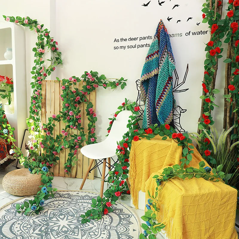 

Artificial Vine Air Conditioning Ceiling Plastic Wrapping Indoor Green Leaf Decor Simulation Rose Vine Artificial Flower Vine