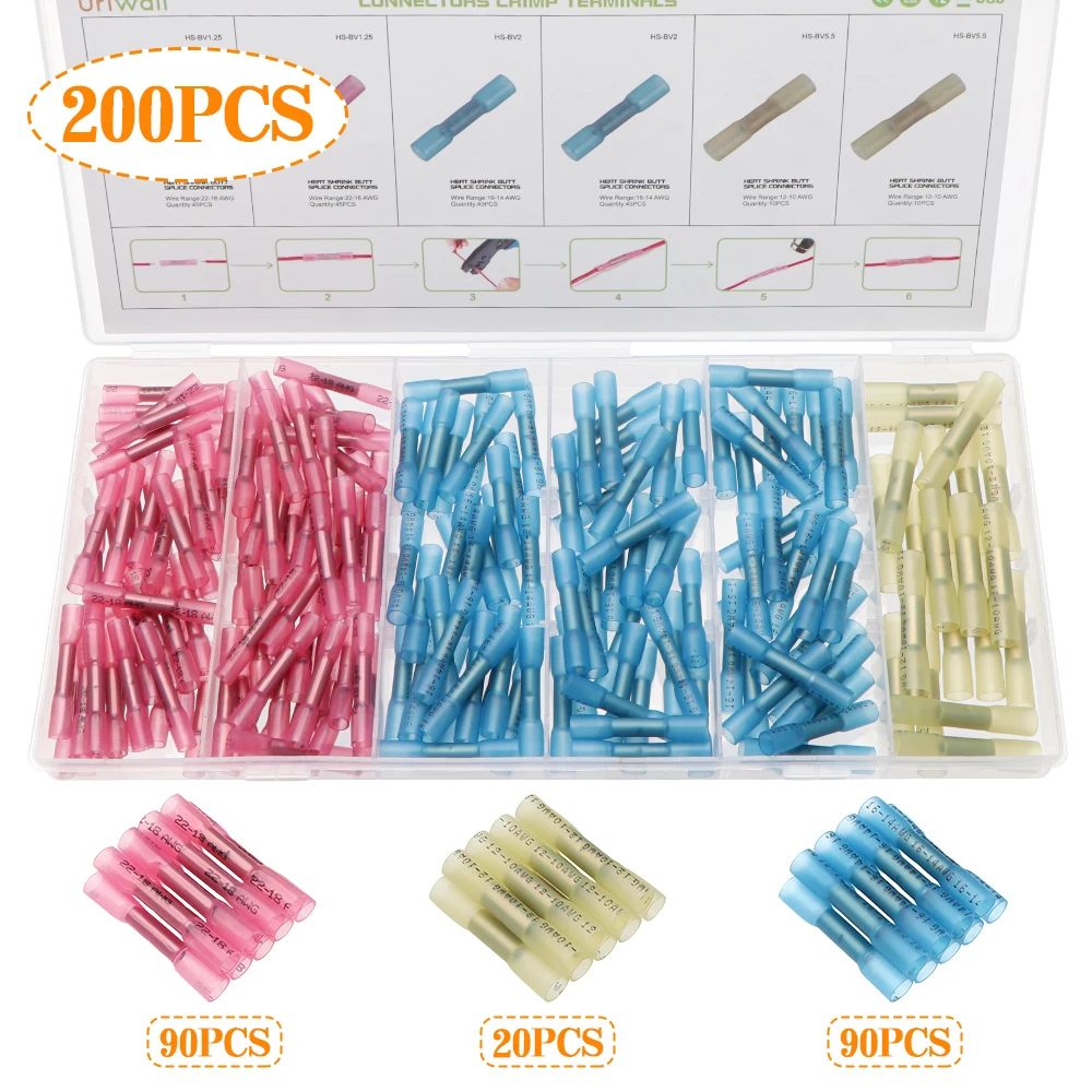 

200pcs Heat Shrink Connectors Electrical Wire Butt Connectors Sleeve Terminals Insulated Waterproof Wire Soldered Terminals