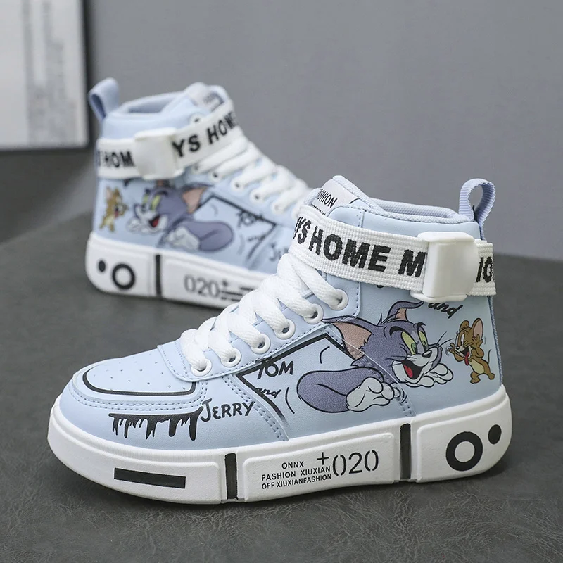 Hot Fashion Cartoon Skateboard Shoes Kids Boy Lace Up Antiskid Sports Shoes Women Platform Leather Casual Anime Sneakers Male