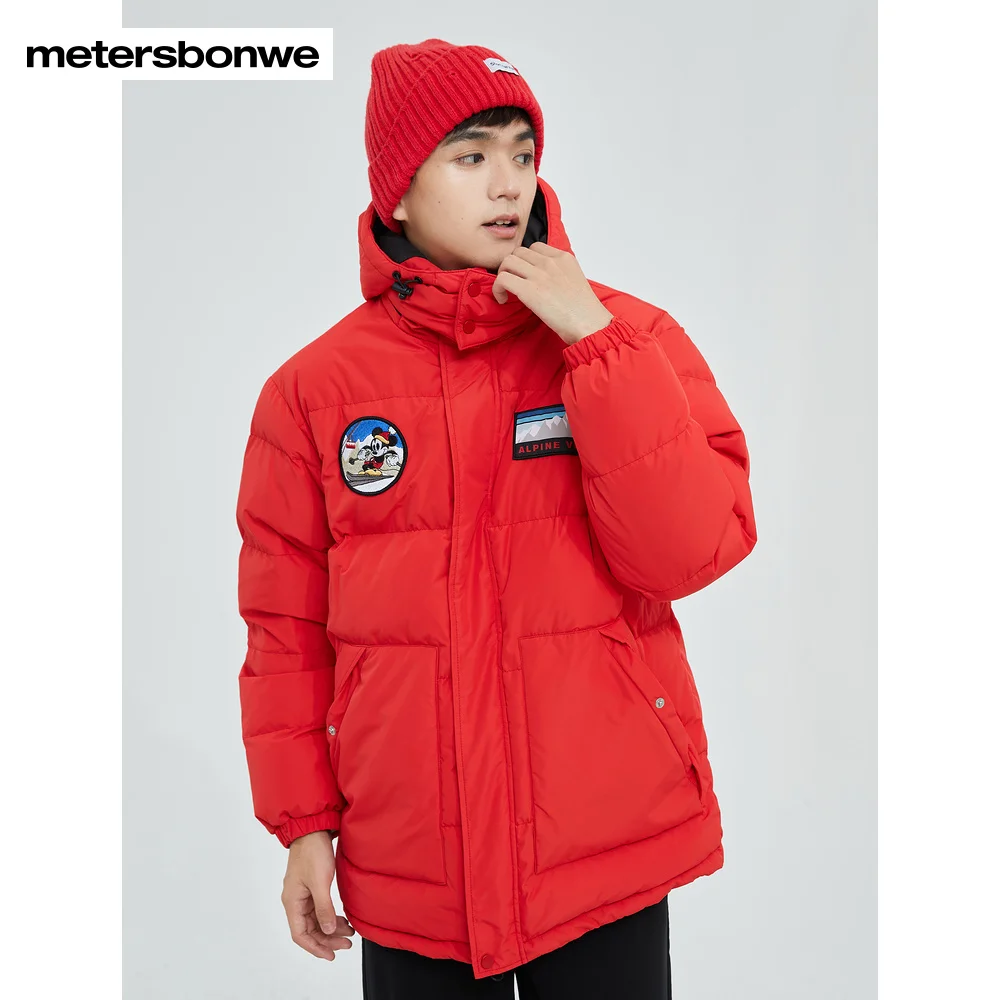 Metersbonwe Women's 22New Winter Ski Style Windprrof Hooded Down Jacket Cartoon Patched Eiderdown Top  Loose Thick Warm Wear