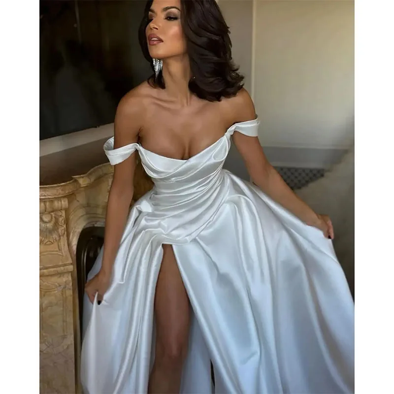 Элегантное белое свадебное платье-трапеция 2024 с открытыми плечами и Боковым
