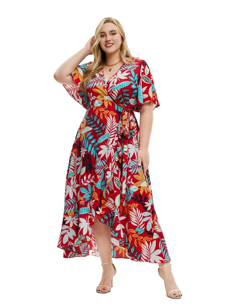 Plus size women summer new short-sleeved printed wrap dress  evening dresses  party dress