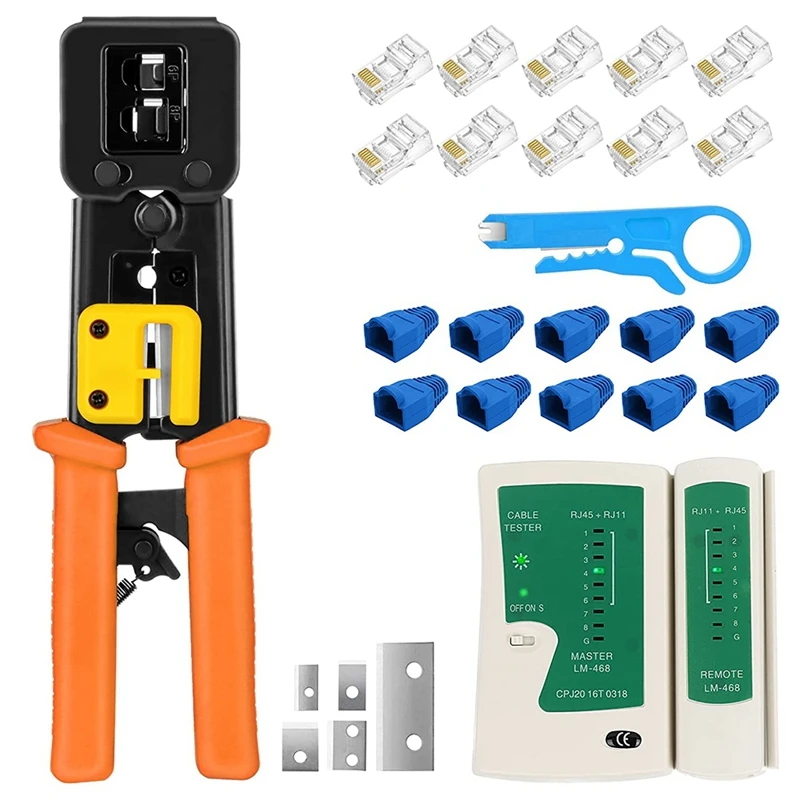 

Ethernet Crimper Kit RJ45 Cat6 Cat5e Crimping Tool Pass Thru With 10PCS RJ45 Cat6 Pass Through Connectors