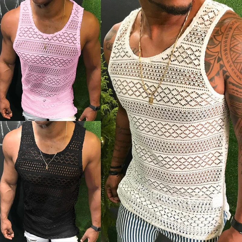 

Men Tank Tops Sleeveless Hollow Out Vest Breathable Gym Clothing Mesh Tops Sexy Muscle Shirt Slim Fit Bodybuilding Tank Tops