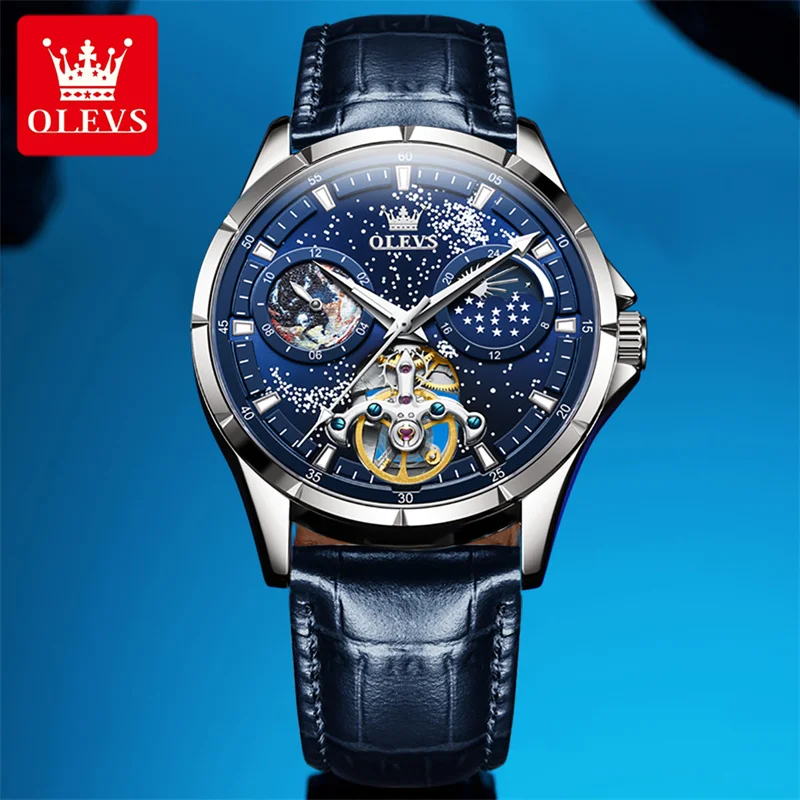 OLEVS 2023 New Luxury Luminous Automatic Mechanical Watches Men Waterproof Top Brand Blue Leather Tourbillon Wrist Watch Relogio enlarge