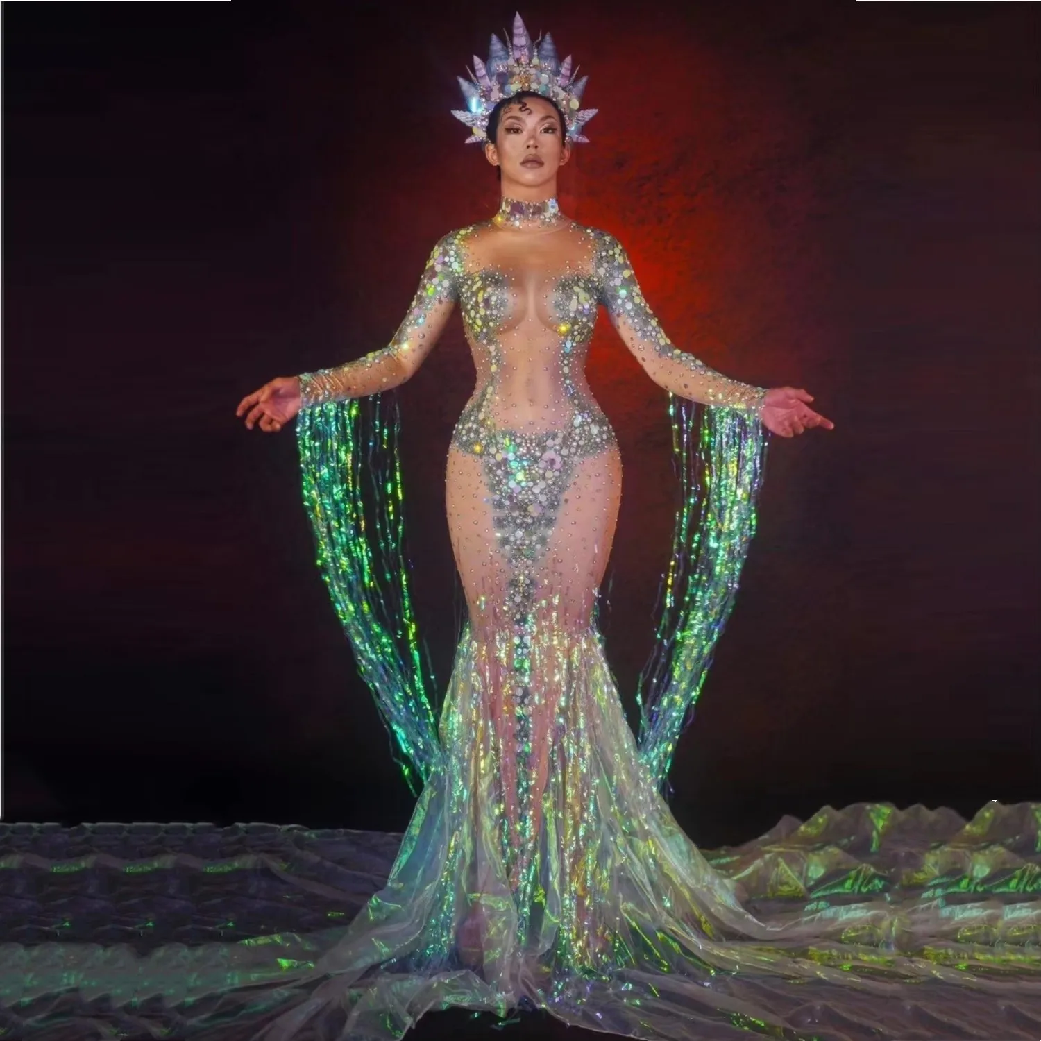 

Женское блестящее платье русалки с блестками и кисточками, головной убор, пикантная стрейчевая одежда для ночного клуба, сценического выступления, платье для выпусквечерние вечера