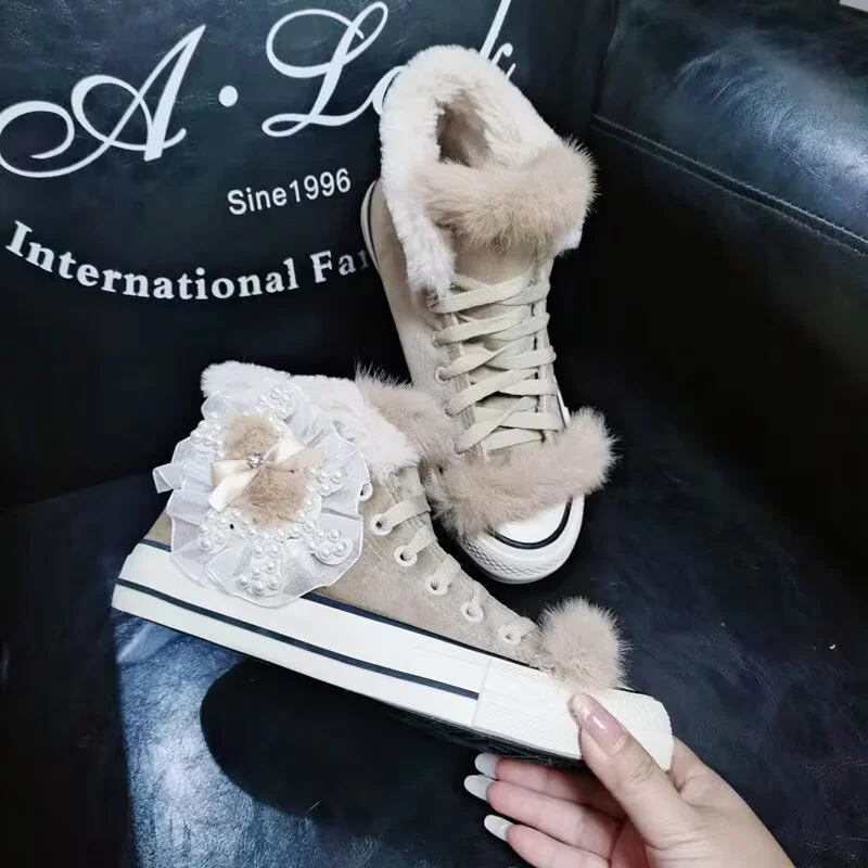 

Vintage hand-made velvet warm high top canvas shoes white pearl casual walking women 35-40
