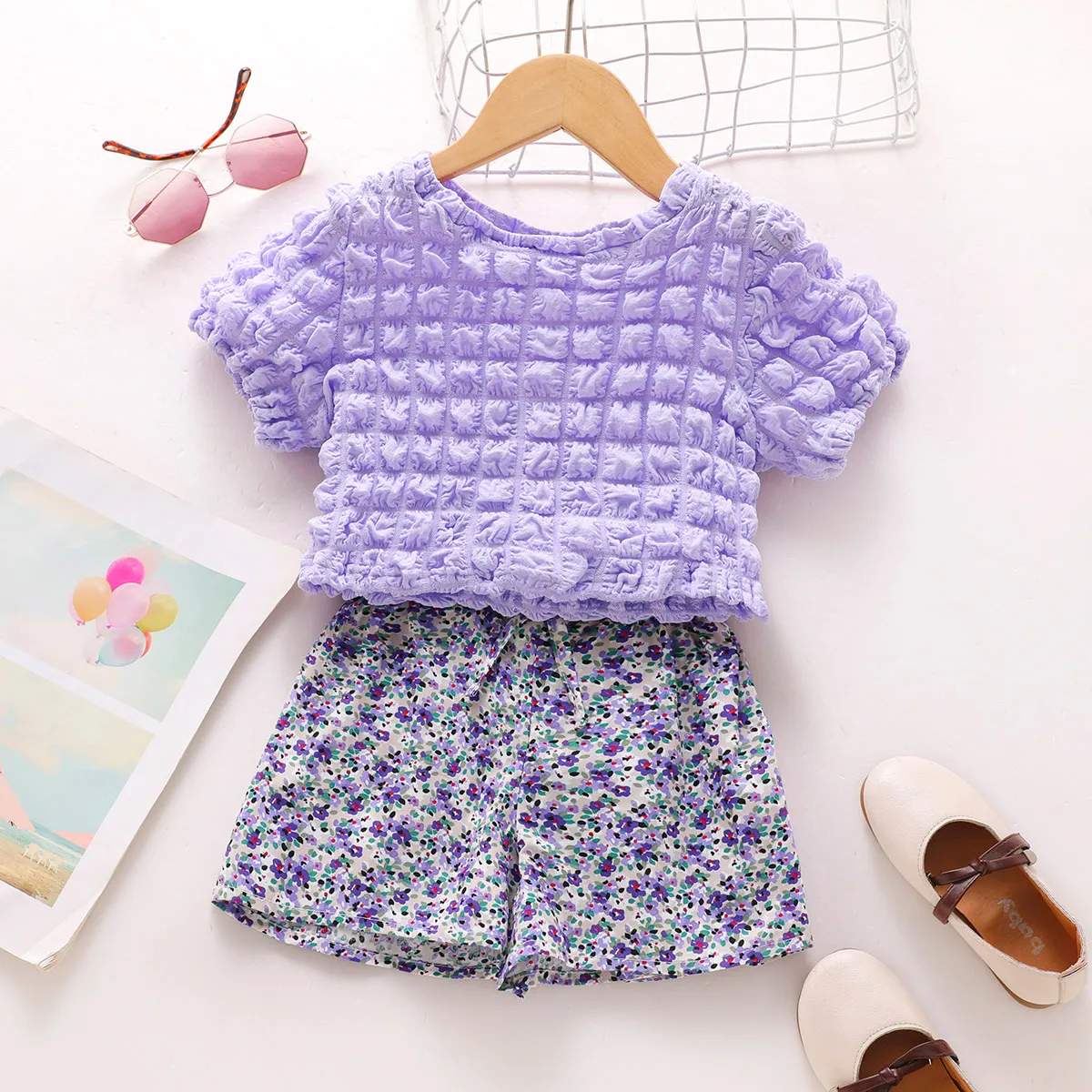 

Hibobi Toddler Girls Clothes Sets Summer Toddler Korea Style Flower Collar Plaid T-Shirt+ floral Shorts 2Pcs Purple Kids Clothes
