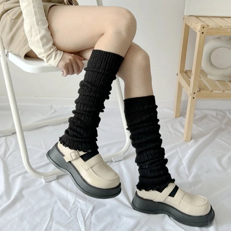 

Fall Winter Ribbed Knitted Leg Warmers Stockings Cute Lettuce Ruffled Hem Foot Covers Middle Tube Long Socks for Women