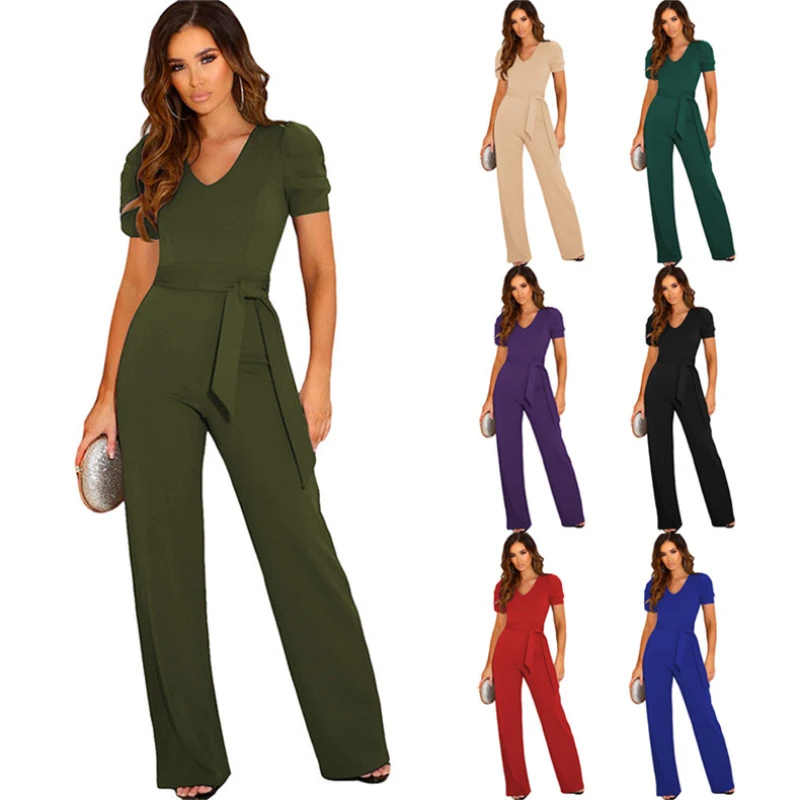 

2023 Summer Women's Bodysuit New Fashion Temperament Strap Waist Wrapped Bodysuit Solid Color V-neck Short Sleeve Wide Leg Pants