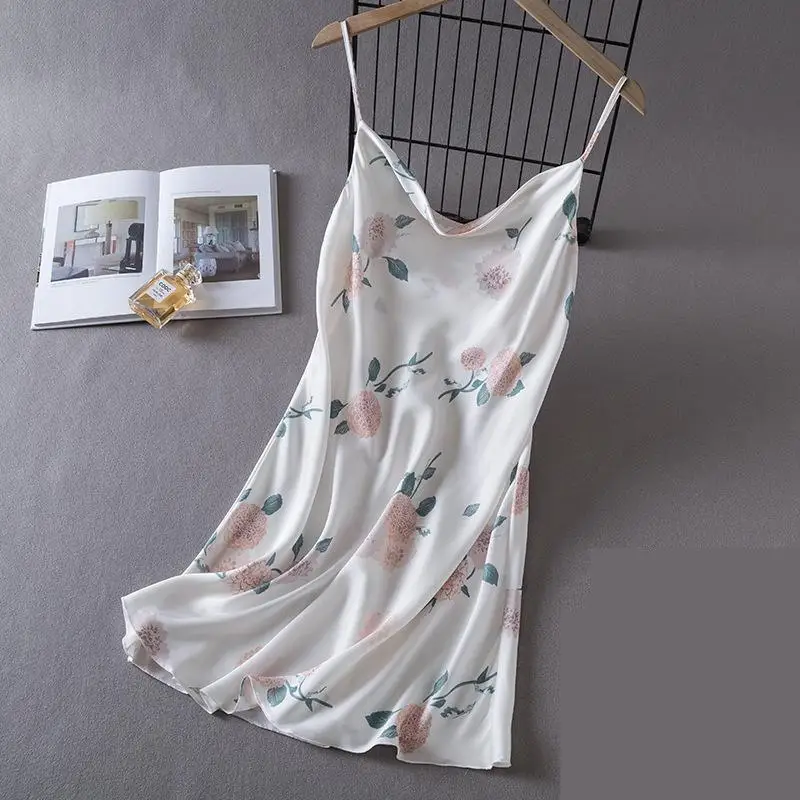 

Summer Women Chemise Nightgown Sleepwear Print Flower Nightie Nightwear Sexy Strap Nightdress Satin Home Wear Gown Loungewear