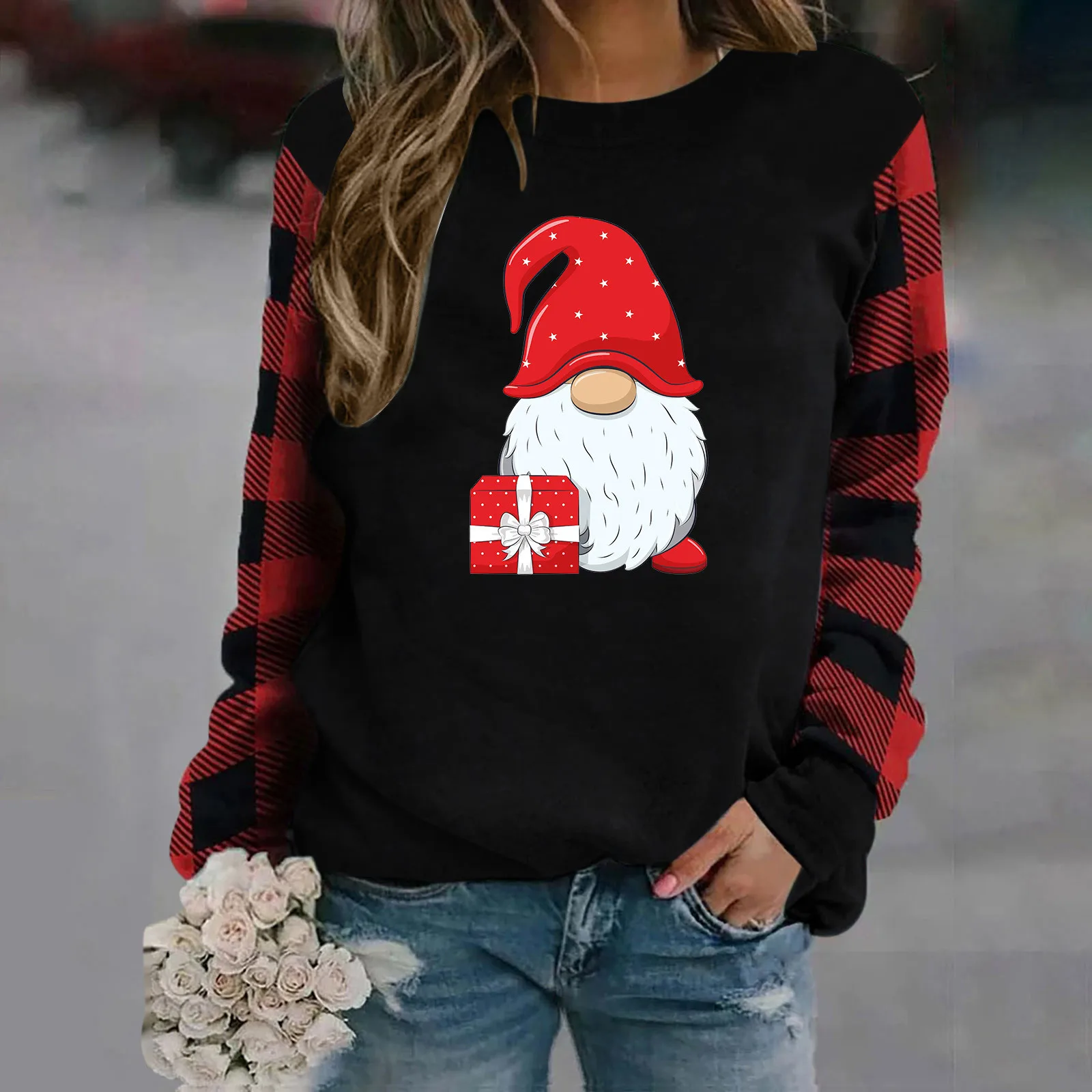 

Женская Рождественская Толстовка в клетку, свитшоты с длинным рукавом, подарок гномам, толстовка с длинным рукавом и круглым вырезом, Женск...