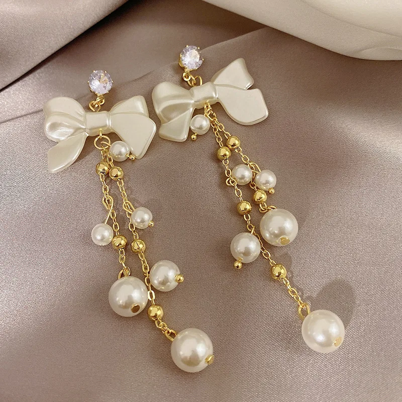 

Korean Exaggerated Long Tassel Drop Earrings For Women Elegant Imitation Pearl Bowknot Flower Zircon Oversized Earring Jewelry