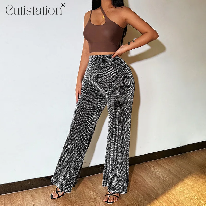 

Cutistation Sexy Sequined Wide Leg Pants Women Fall 2022 High Waisted Full Length Glitter Silver Flared Trousers Party Clubwear
