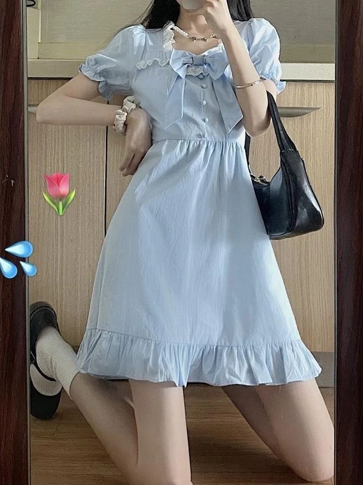 

Japan Dress Sweet Kawaii Blue Dress Women Preppy School Girl Korean Ruffle Puff Sleeve Short Dresses Square Collar Bow Ummer