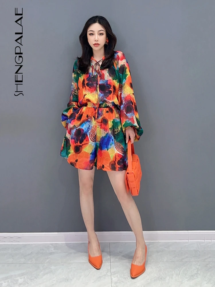 

SHENGPALAE Fashion Women's 2 Pcs Sets Lace Up Long Sleeve Loose Floral Shirt Elastic Waist Casual Shorts Summer 2023 New 5R3881