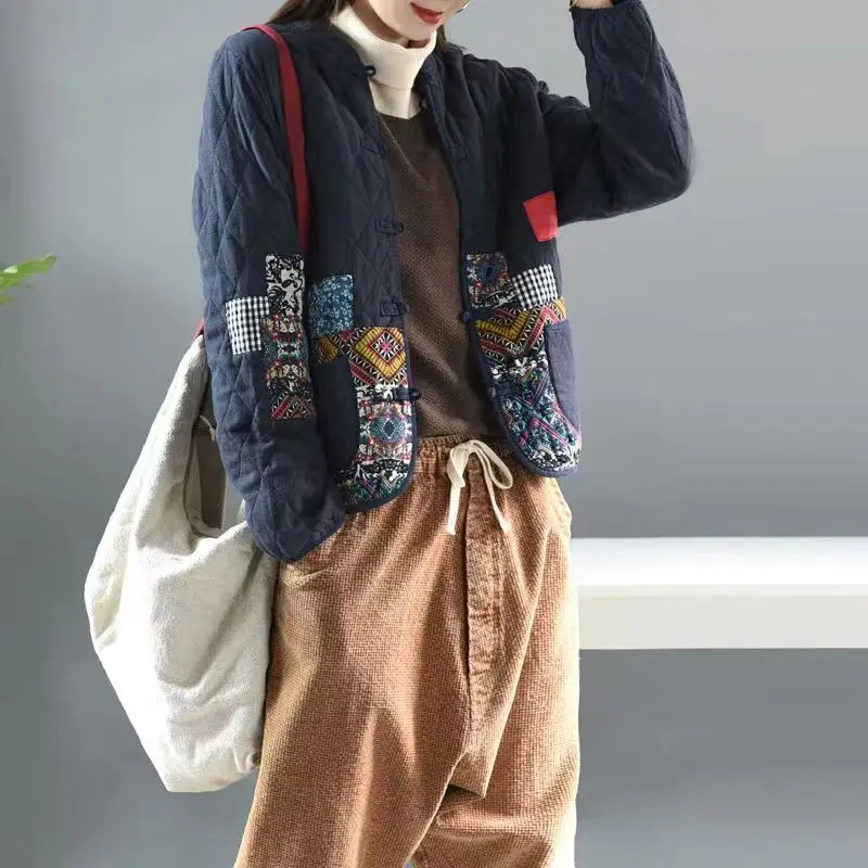 2022 Autumn Winter Arts Style Women Long Sleeve Vintage Short Coat Patchwork Cotton Linen Single Breasted Thicken Jackets