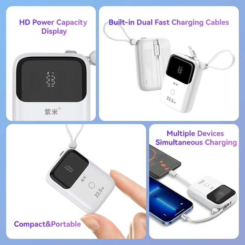 Zime Power Bank Portable 10000mAh Mini Built-in Fast Charging Cables PD20W Powerbank External Battery Charger for iPhone 14 13