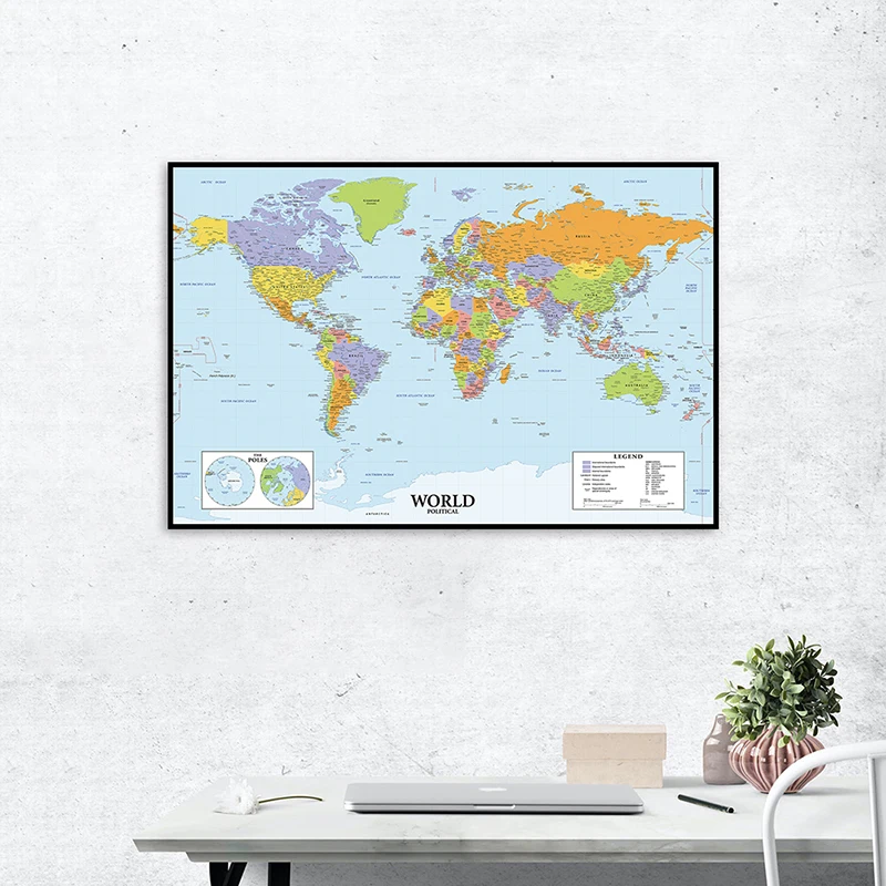 

75*50cm Political Map of The World with Details Canvas Painting Unframed Prints Wall Art Poster School Supplies Home Decor