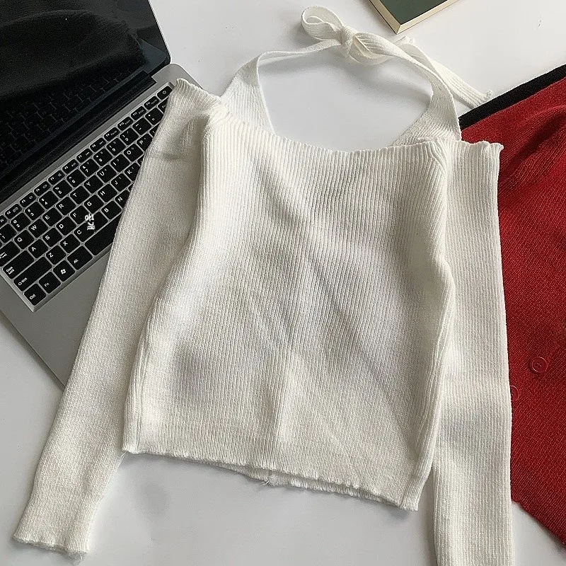 Женский вязаный топ с открытым вырезом и шнуровкой Design Sense осень 2023 новый черный